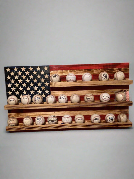 American flag baseball rack display made of wood holding signed baseballs on three shelves
