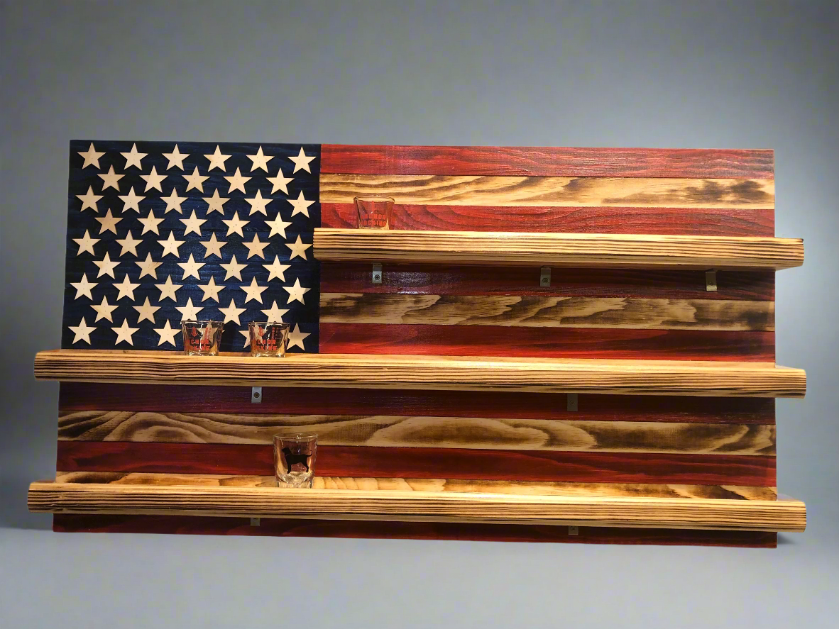 Wooden american flag shot glass holder display wall art with three shelves for holding shot glasses