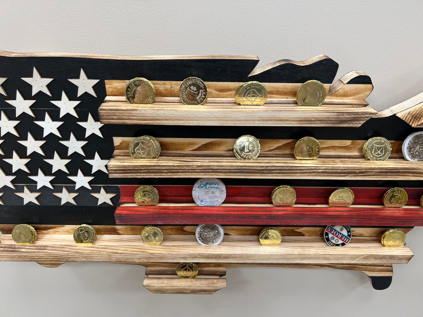 USA thin red line challenge coin holder Flag wooden display shaped like American flag with coins