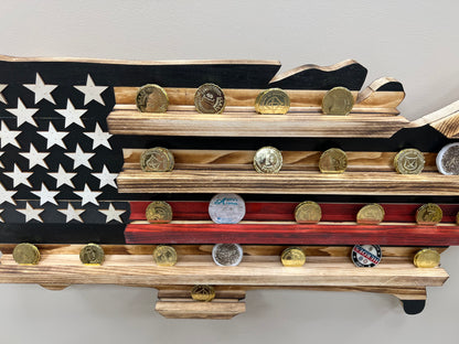 USA thin red line challenge coin holder Flag wooden display shaped like American flag with coins