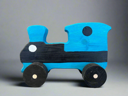 Blue and black handcrafted wooden train kids pull toy with simple round wheels