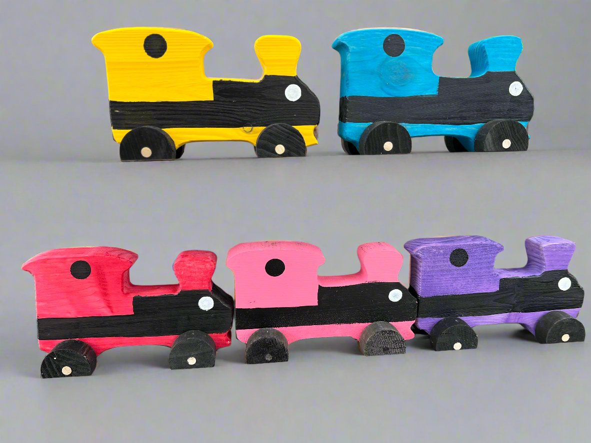 Colorful handcrafted wooden train kids pull toy set with blue, yellow, pink, purple, and red engine cars