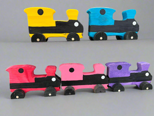 Colorful handcrafted wooden train kids pull toy set with blue, yellow, pink, purple, and red engine cars