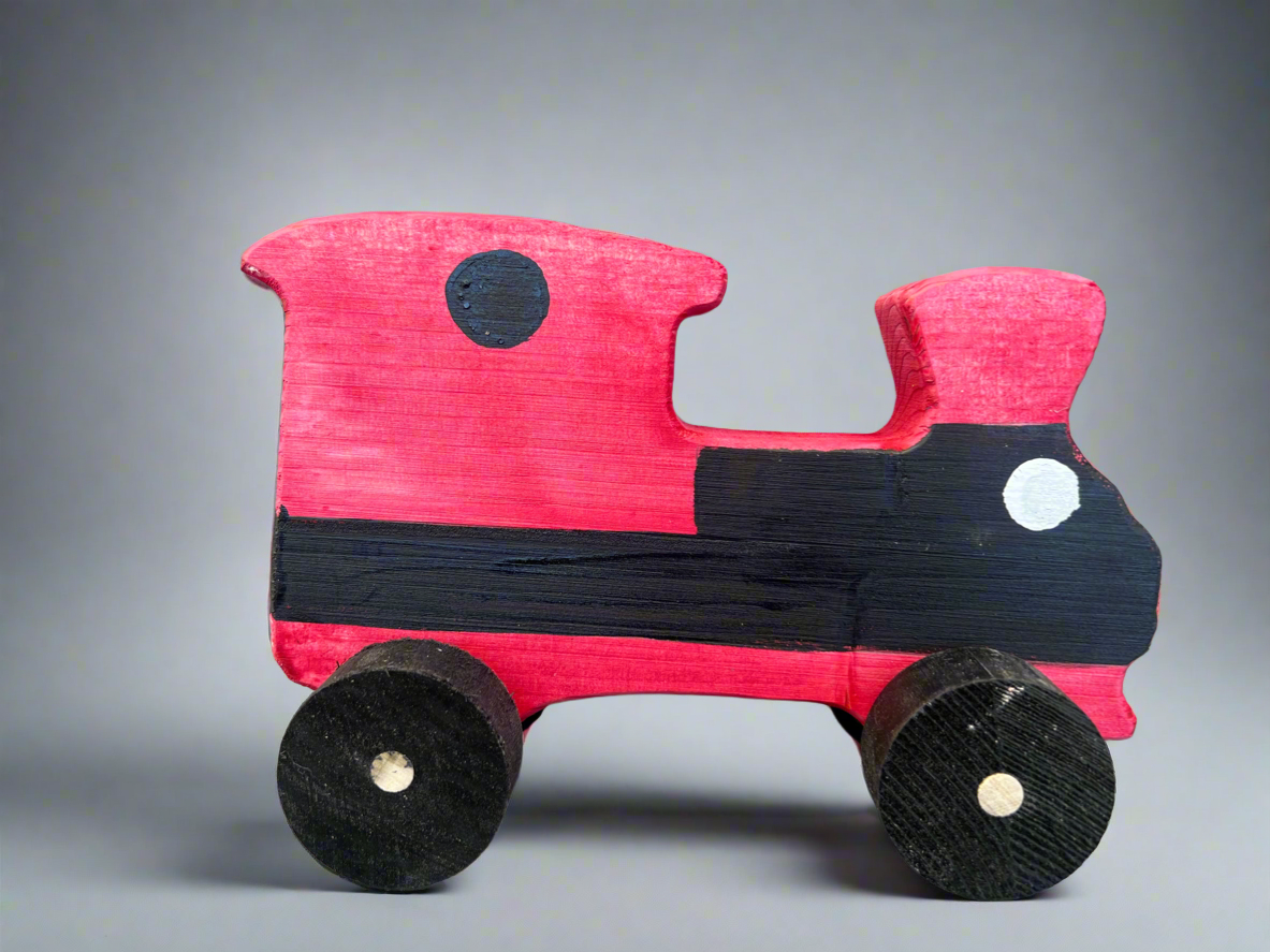 Handcrafted wooden train kids pull toy in red and black with simple wheel design