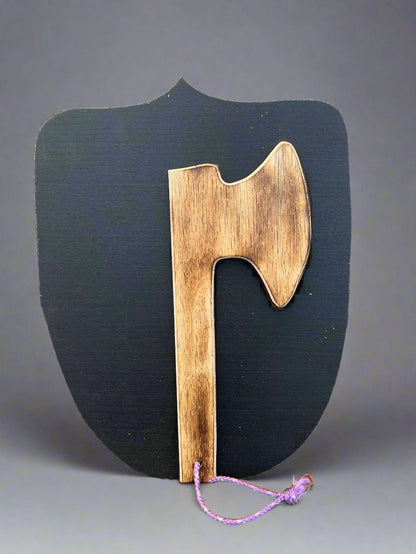 Kids wooden axe and shield toy set with black shield and natural wood finish axe for pretend play