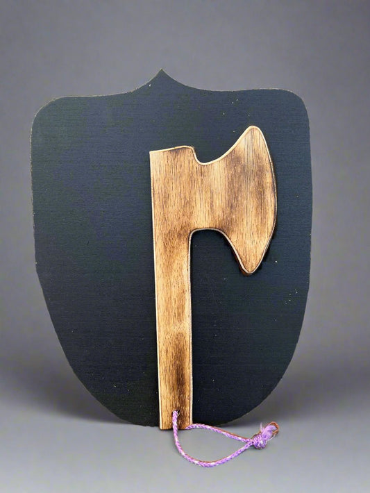 Kids wooden axe and shield toy set with black shield and natural wood finish axe for pretend play
