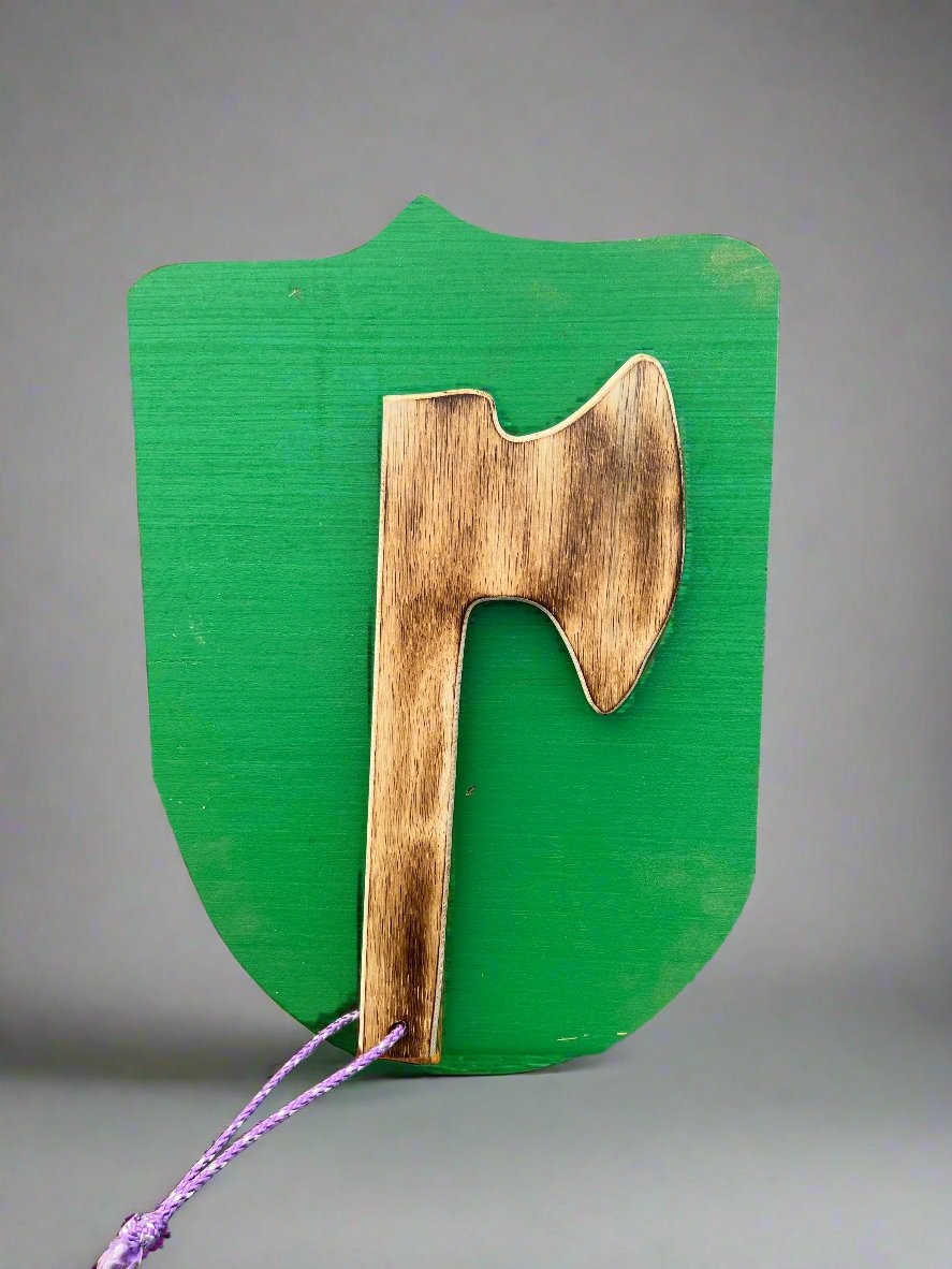 Kids wooden axe and shield toy set with green shield and brown axe for imaginative play