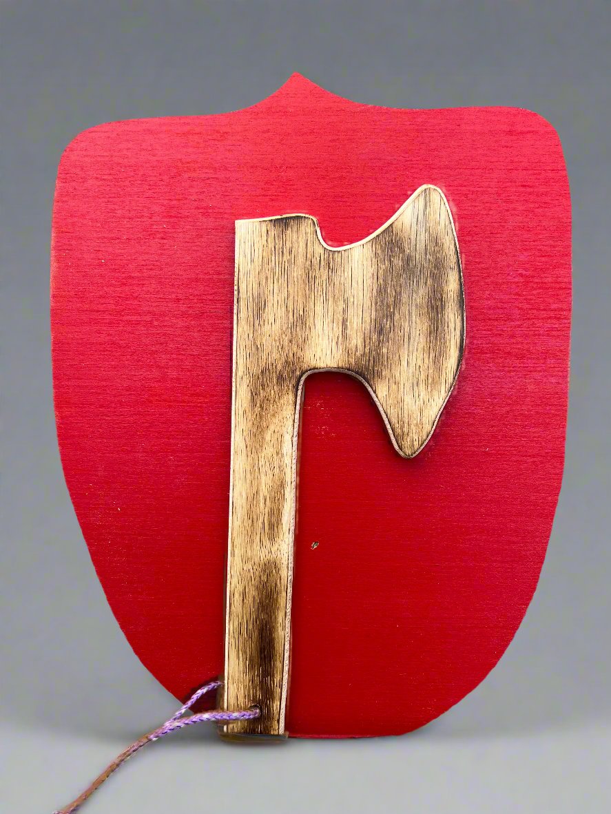 Kids wooden axe and shield toy set with rustic wooden axe and bright red shield for imaginative play