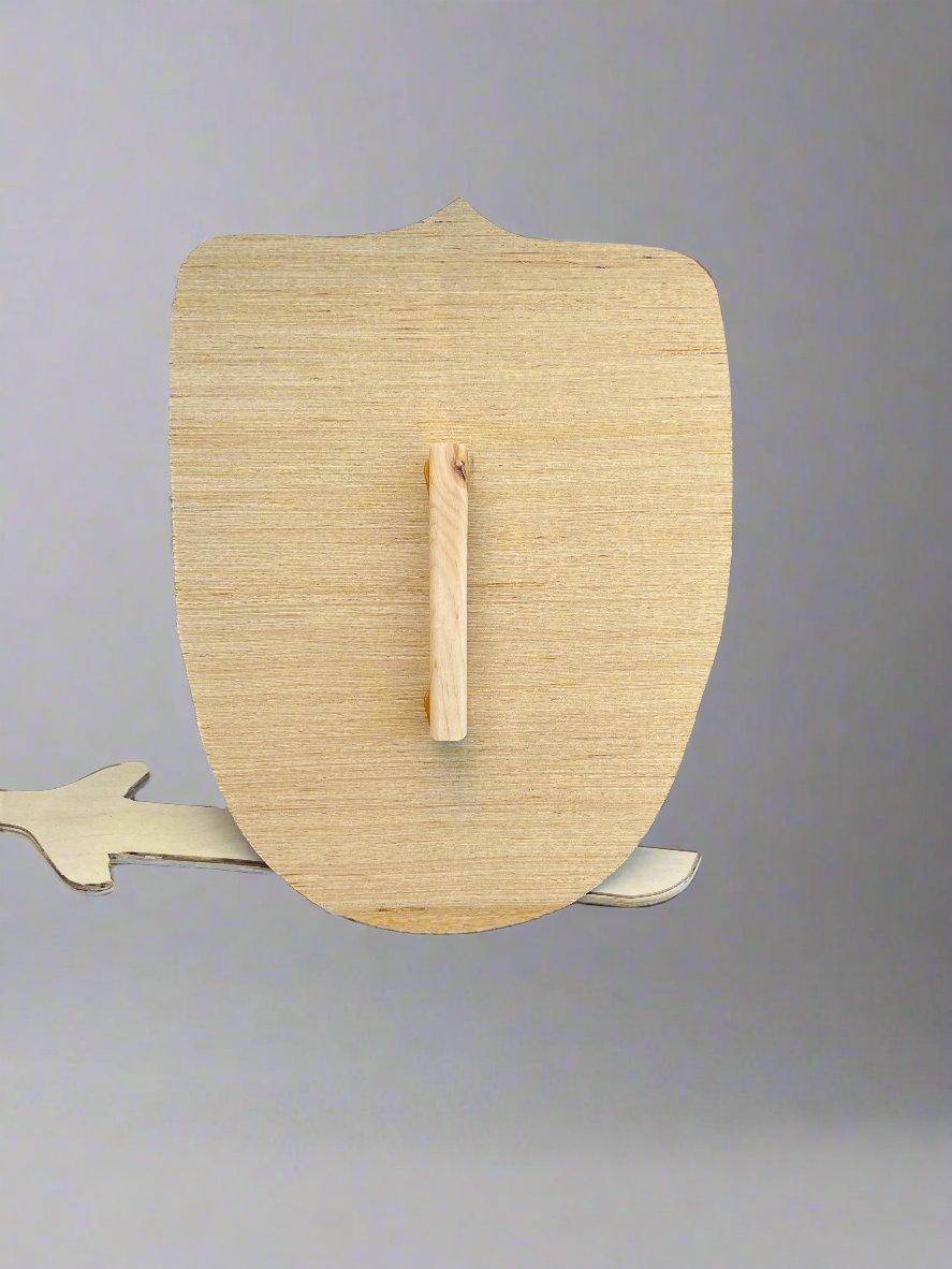 Kids wooden sword and shield set with a light natural wood finish and simple handle design