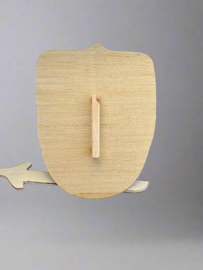 Kids wooden sword and shield set with a light natural wood finish and simple handle design