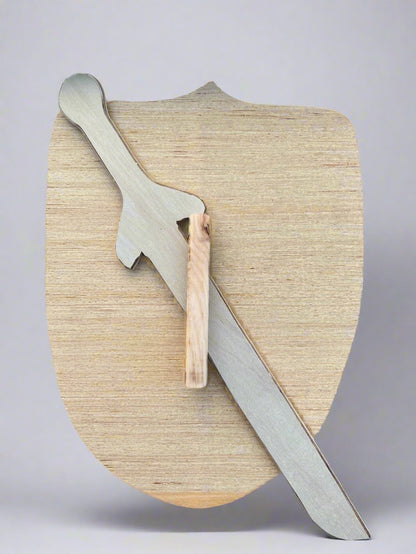Kids wooden sword and shield set with simple natural wood design for imaginative play