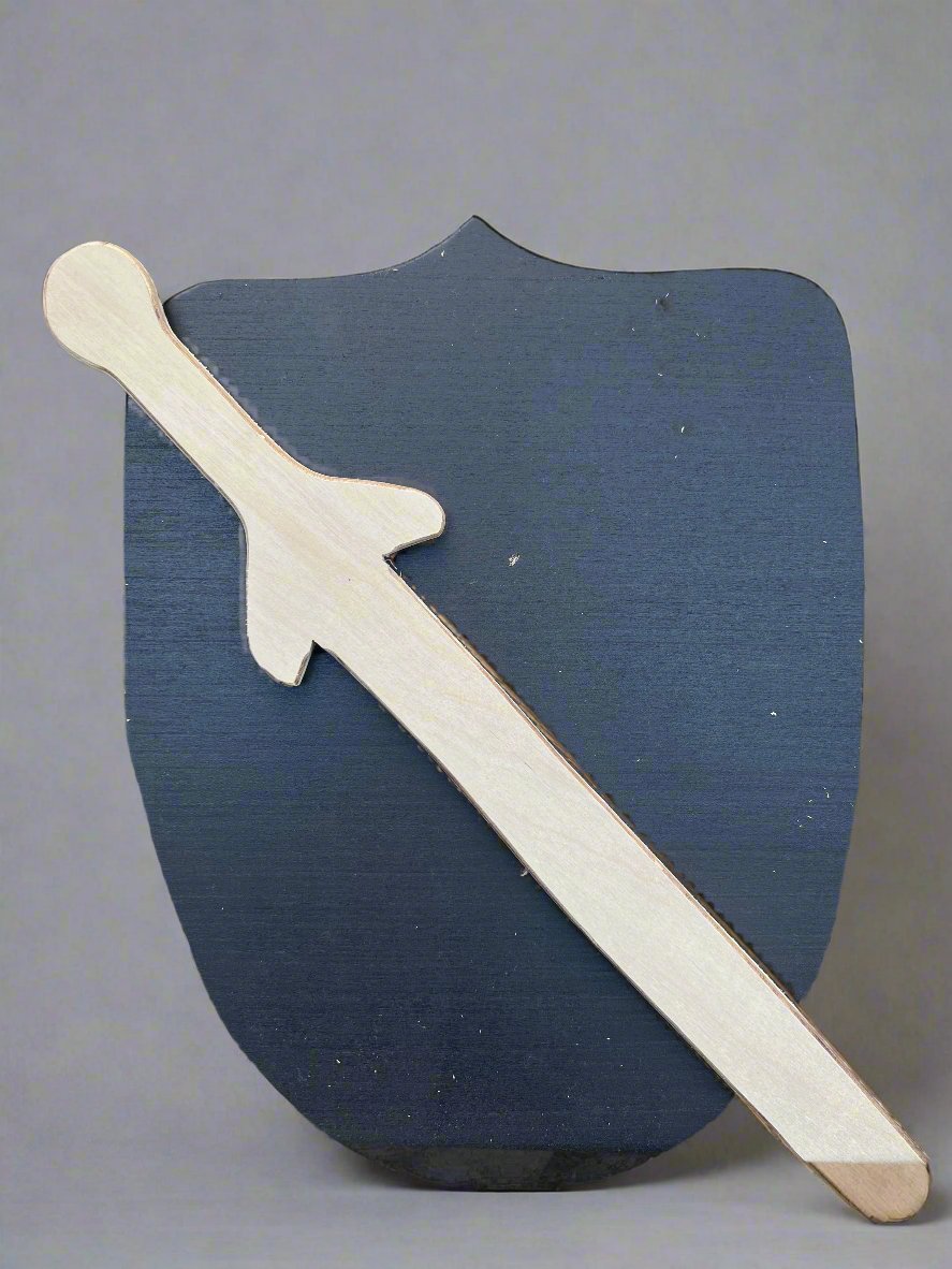 Kids wooden sword and shield set in natural and black wood colors for imaginative play