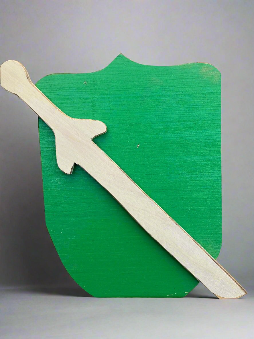 Kids wooden sword and shield set with natural wood sword and green painted shield for imaginative play