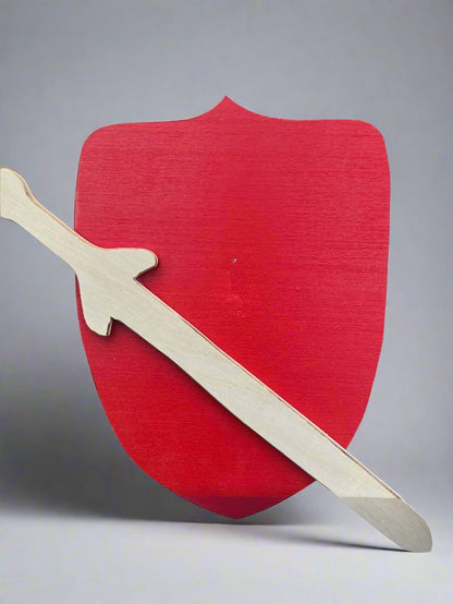 Kids wooden sword and shield set with red shield and natural wood-colored sword for imaginative play