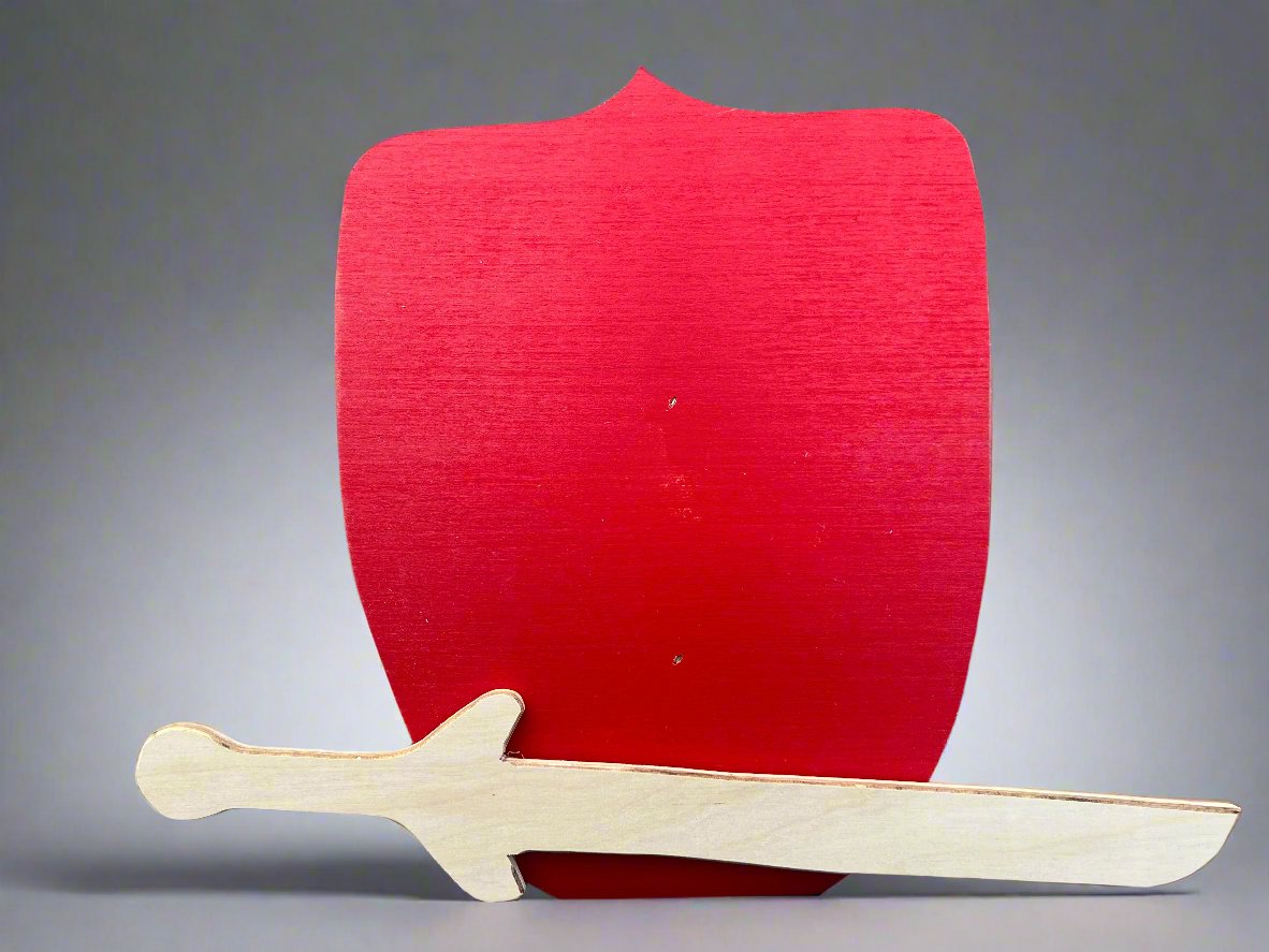 Kids wooden sword and shield set with a natural wood sword and a red shield for imaginative play