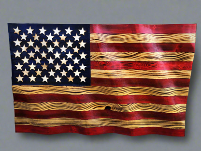 Rustic American flag wall art made of carved wood with distressed red, white, and blue finish