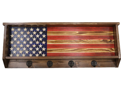 Rustic wood hat rack featuring American flag design with five black metal hook for hanging
