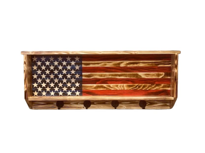 Rustic wood hat rack featuring an American flag design with five hooks for hanging