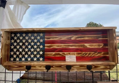 American flag design rustic wood hat rack with five black metal hooks for hanging hats
