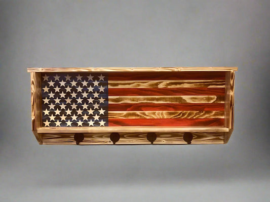 Rustic wood hat rack featuring American flag design with five black metal hooks for hanging