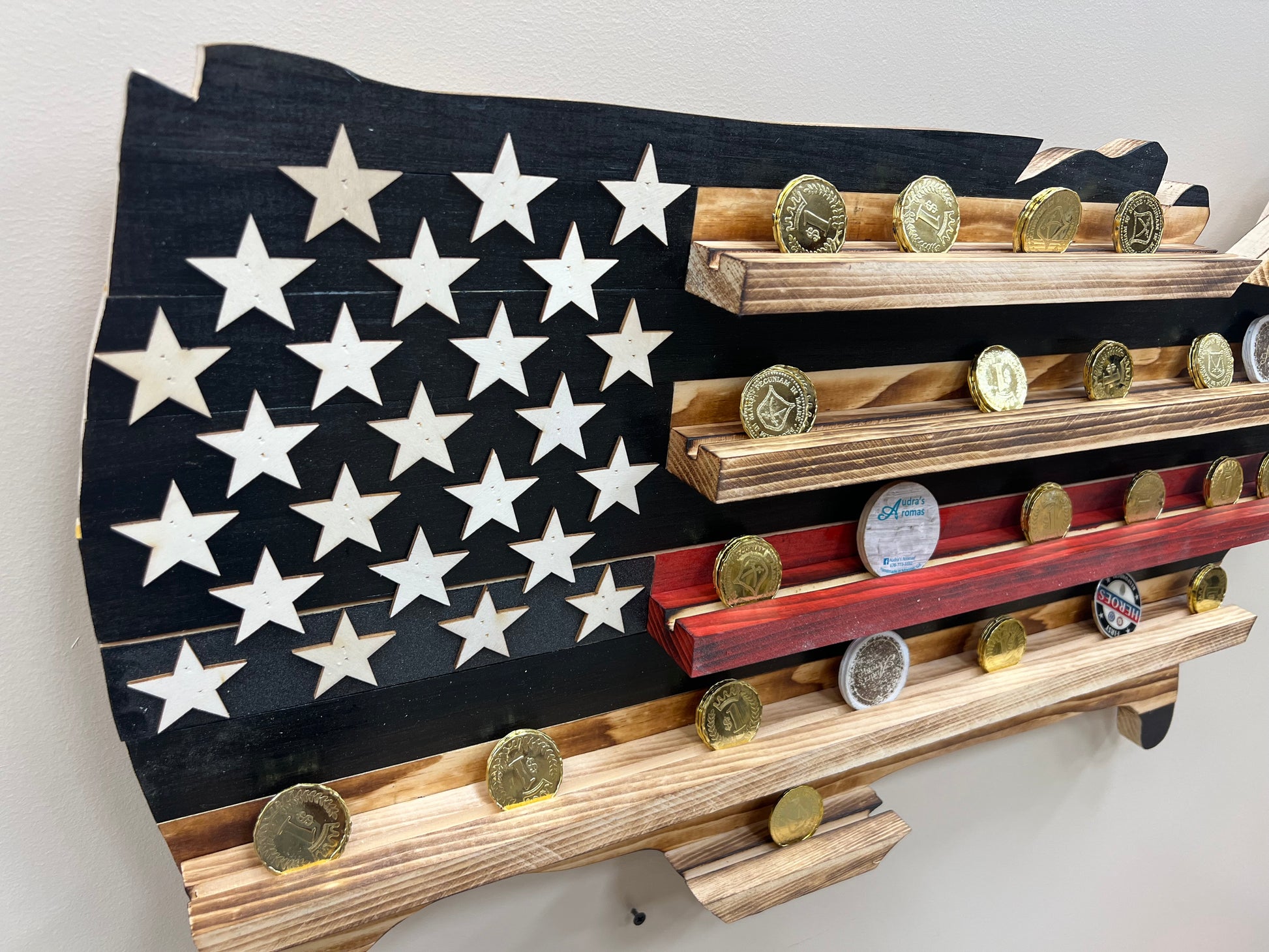 USA thin red line challenge coin holder Flag shaped wooden display with coins mounted on wall