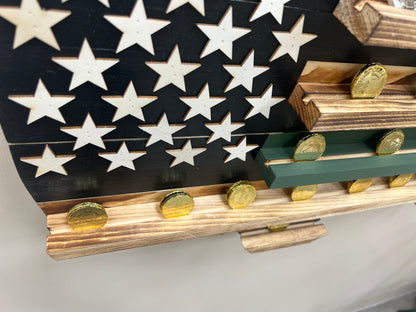 Thin green line wooden flag challenge coin holder displaying gold challenge coins on wooden shelves