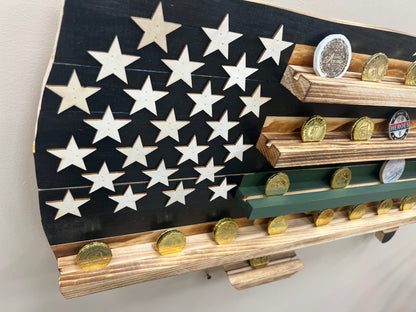 Thin green line wooden flag challenge coin holder displaying multiple challenge coins on wooden shelves