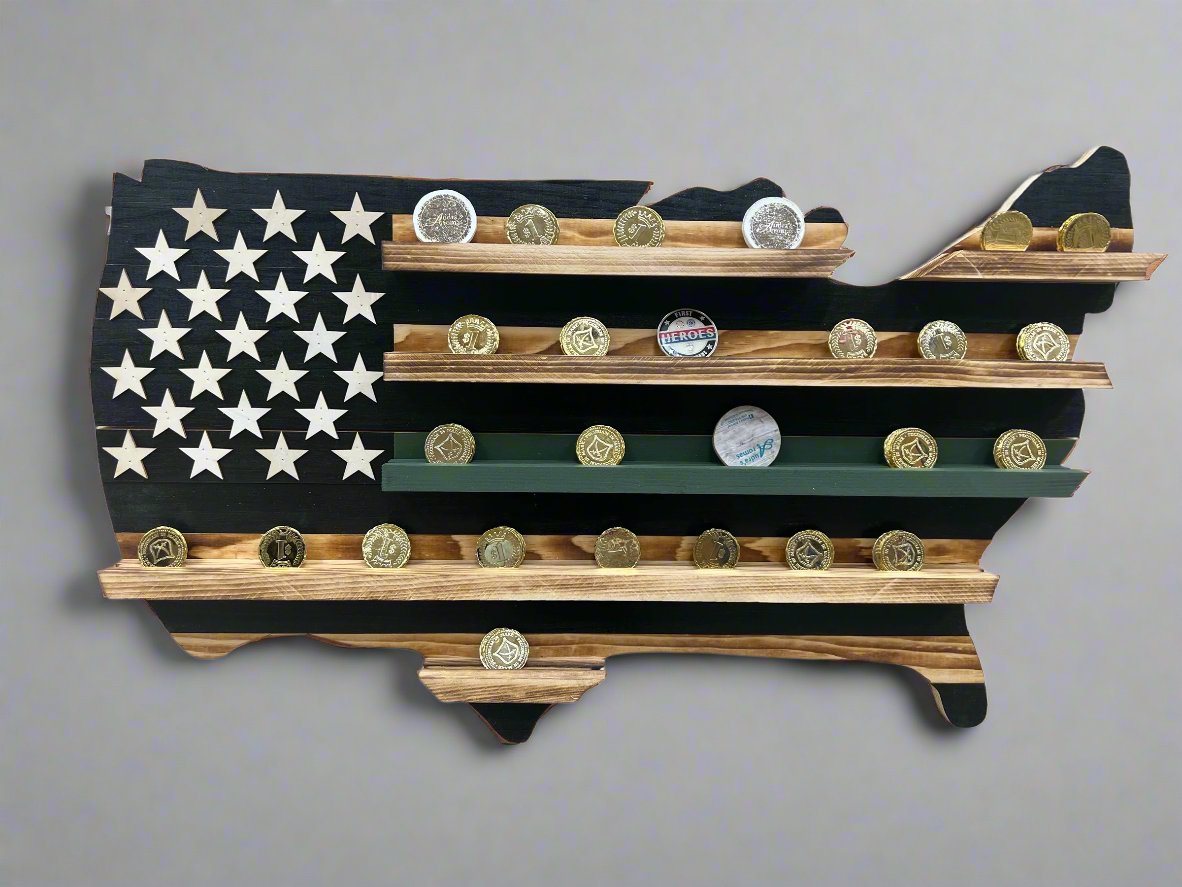 Thin green line wooden flag challenge coin holder shaped like the USA with multiple shelves holding coins