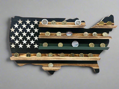 Thin green line wooden flag challenge coin holder shaped like the USA with multiple shelves holding coins