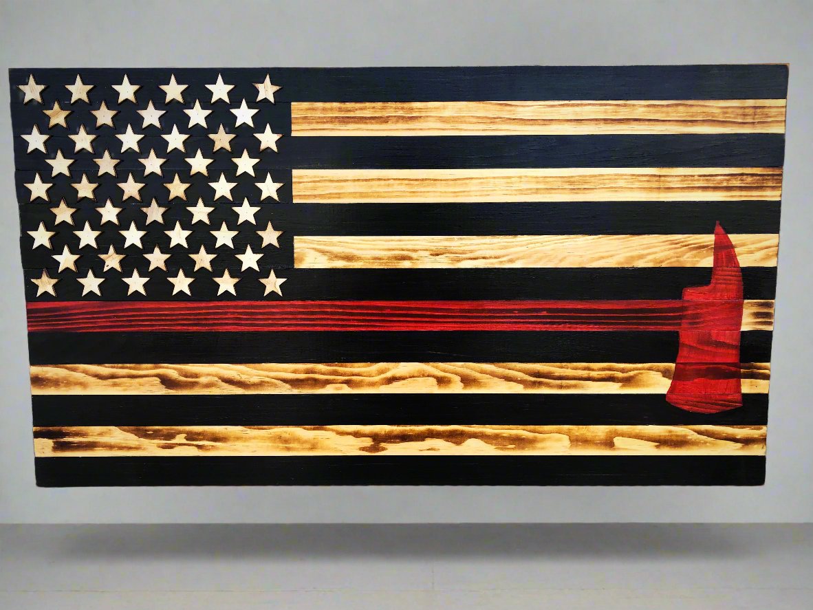 Handcrafted thin red line wood flag wall art featuring American flag with a bright red firefighter axe