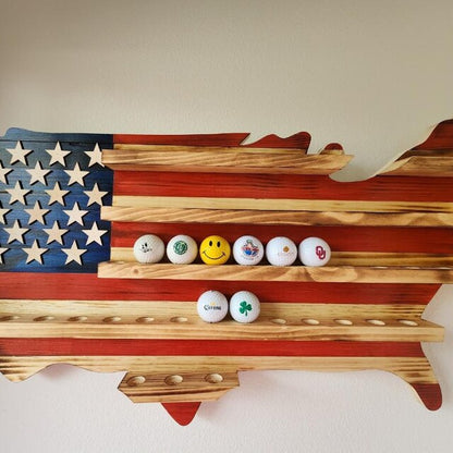 USA flag golfball display case shaped like the United States with slots holding golf balls