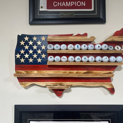 USA flag golfball display case shaped like United States with stars and stripes holding golf balls