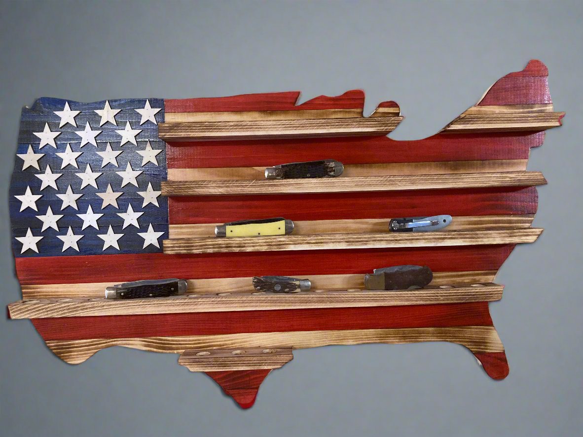 USA Knife Holder American Flag shaped like the United States with wooden knife slots displaying knives