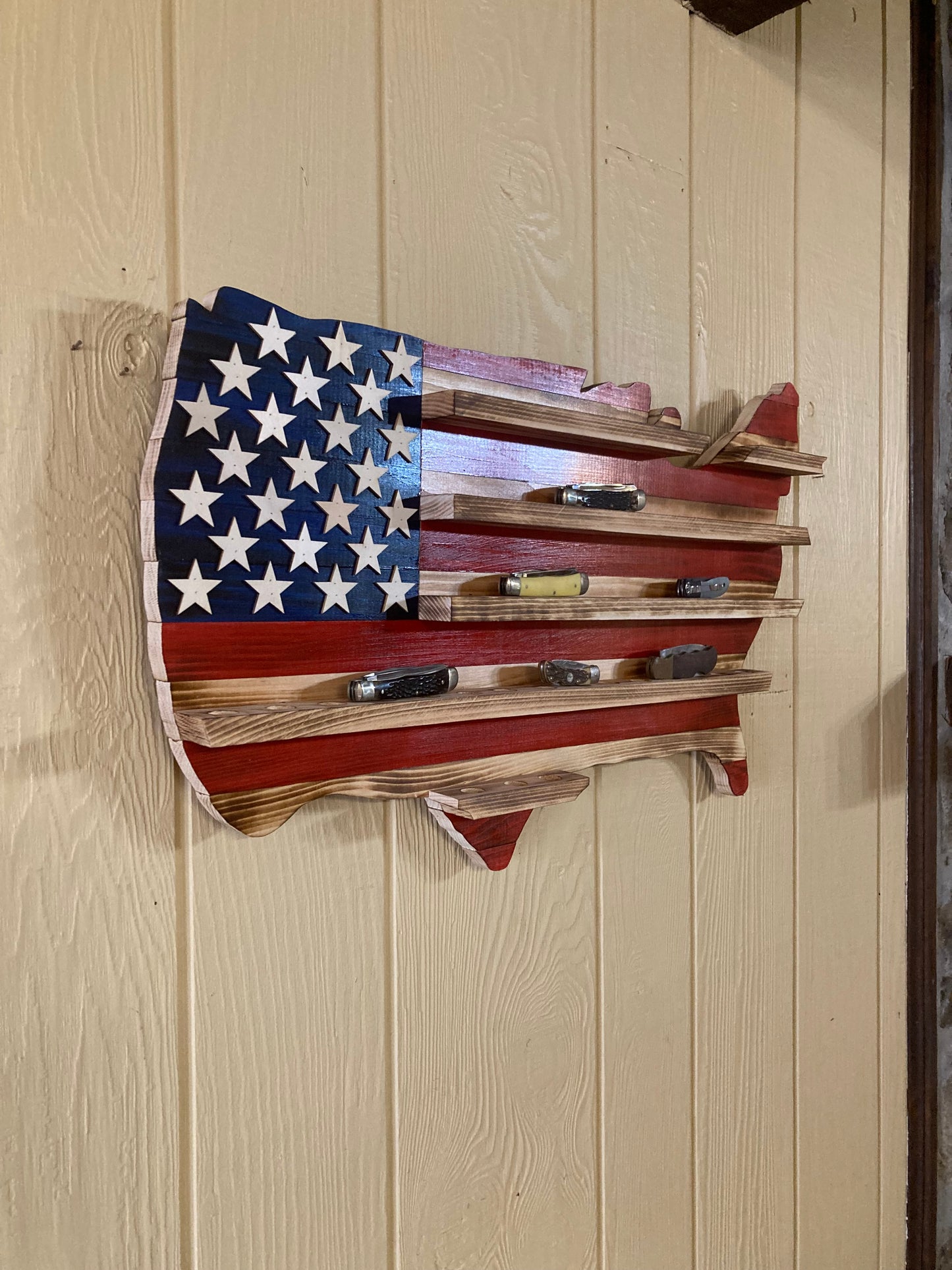 USA Knife Holder American Flag shaped wooden wall mount with knives displayed in slots