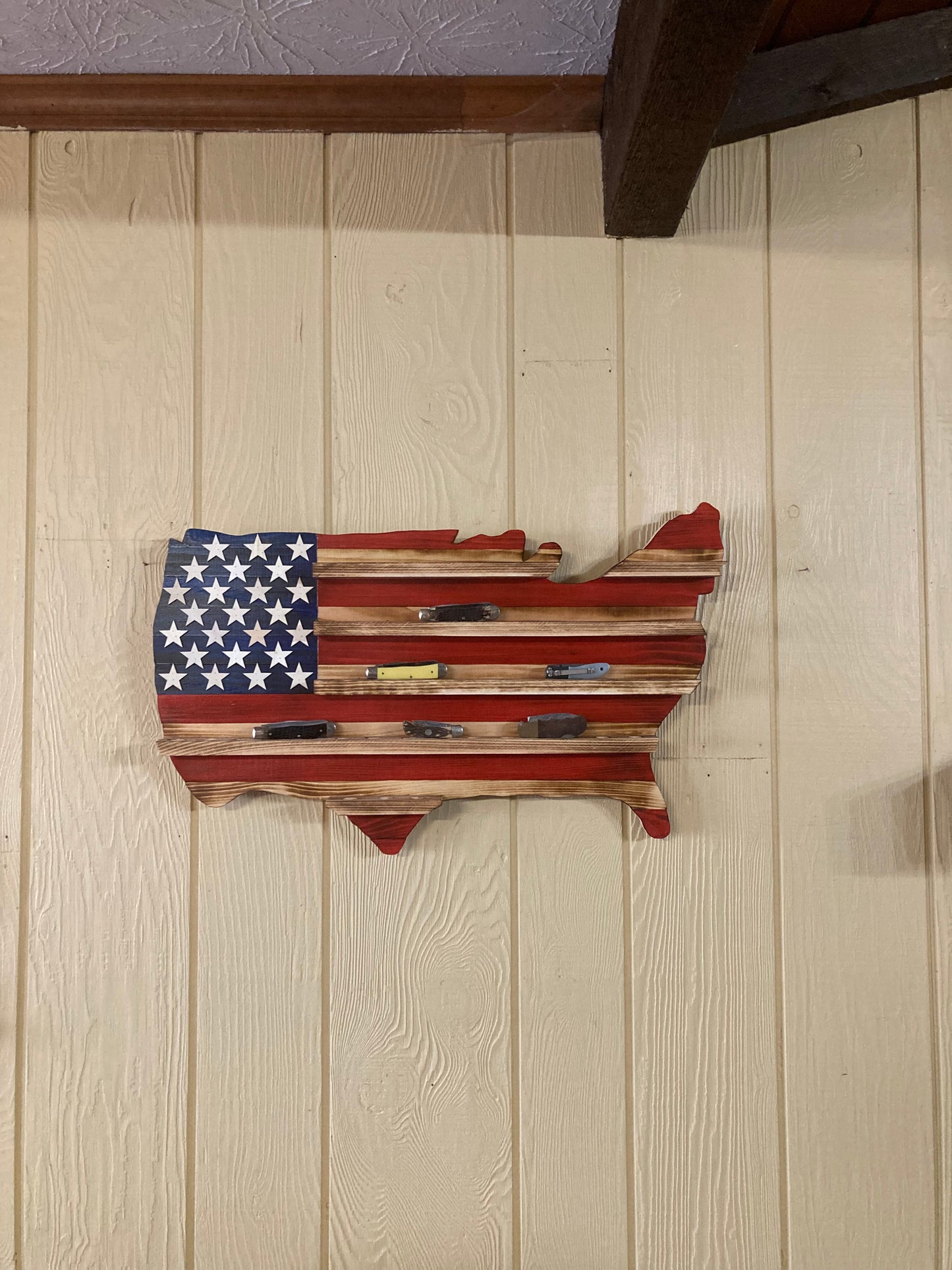 USA Knife Holder American Flag shaped like United States with slots for knives mounted on wood wall