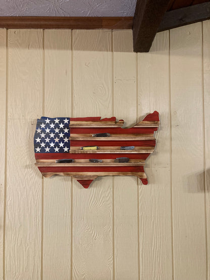 USA Knife Holder American Flag shaped like United States with slots for knives mounted on wood wall