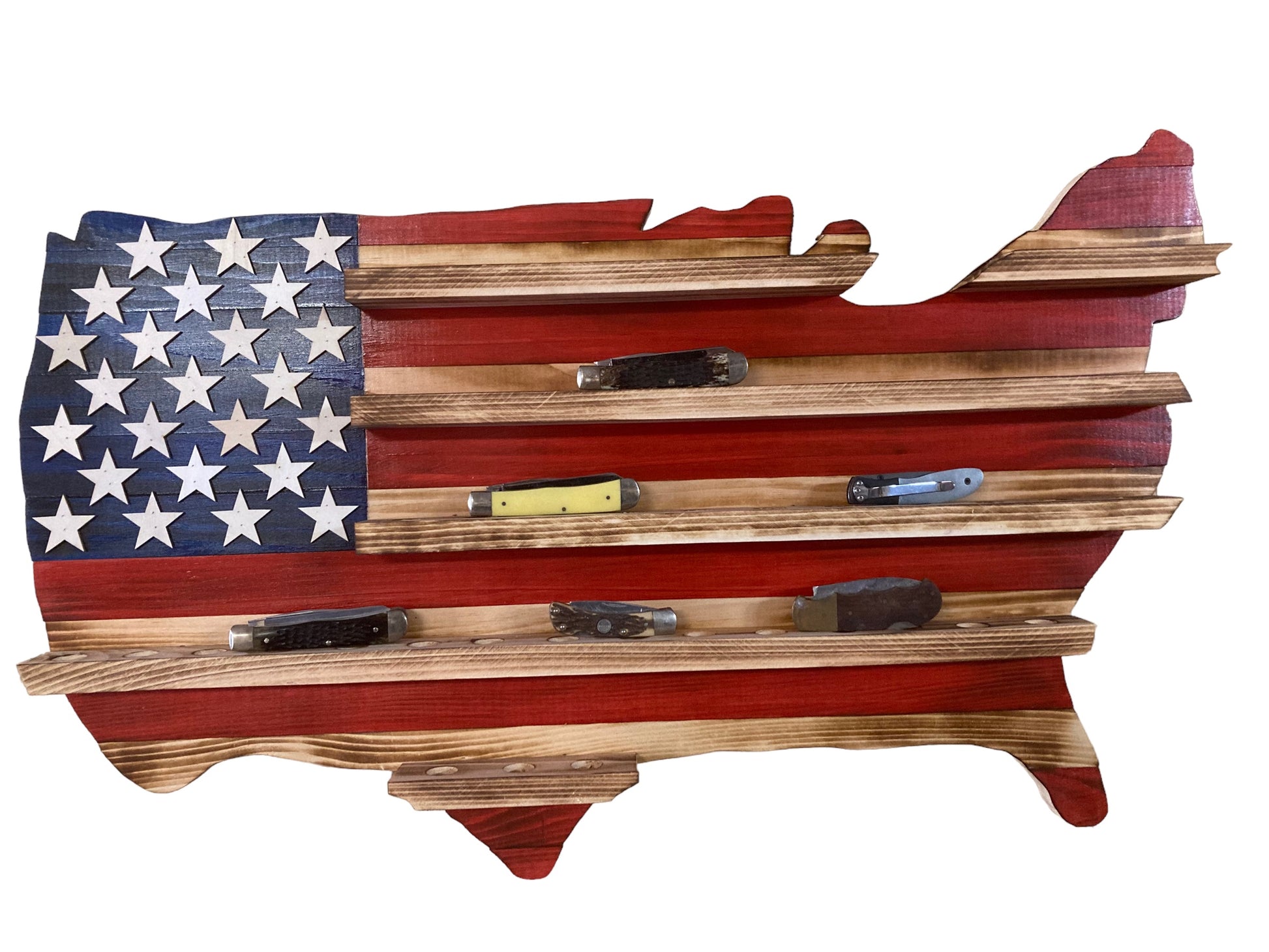 USA Knife Holder American Flag wooden wall-mounted knife display shaped like the USA map