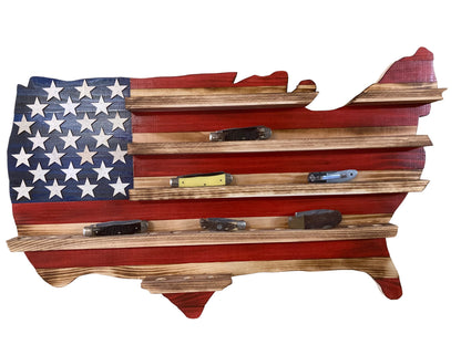 USA Knife Holder American Flag wooden wall-mounted knife display shaped like the USA map