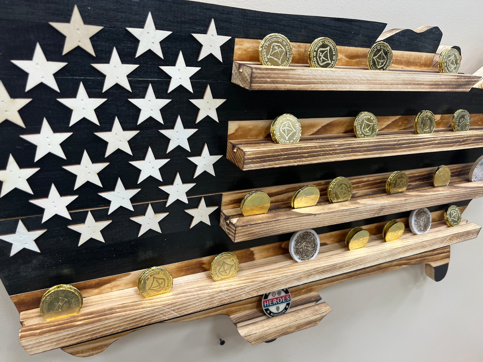USA subdued challenge coin display flag wooden holder with multiple gold and silver challenge coins