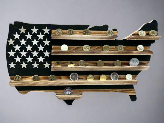 USA subdued challenge coin display flag shaped like the United States with wooden shelves holding various challenge coins