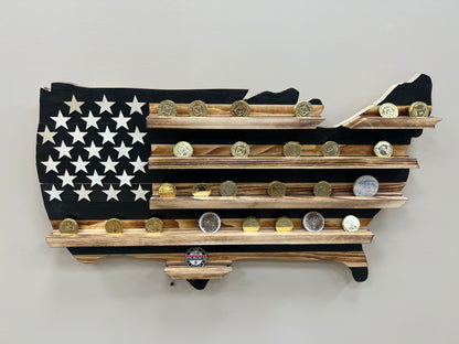 USA subdued challenge coin display flag in shape of United States with wooden shelves and coins