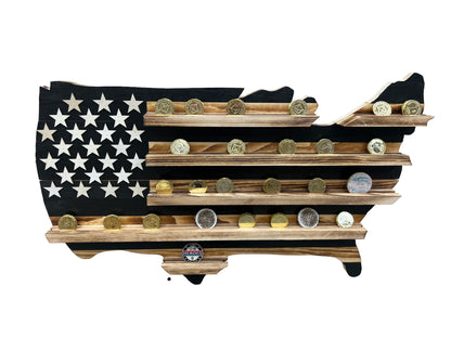 USA subdued challenge coin display flag shaped like the United States with wooden shelves and coins