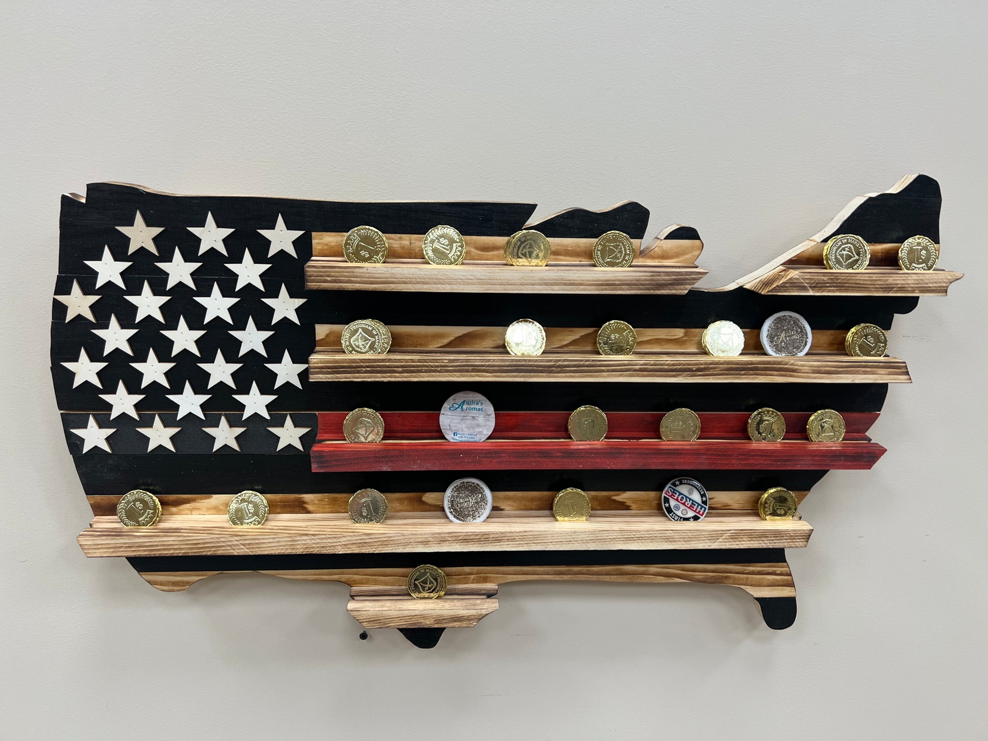 USA thin red line challenge coin holder Flag shaped wooden display with stars and red stripe accents