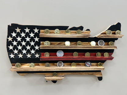 USA thin red line challenge coin holder Flag shaped wooden display with stars and red stripe accents