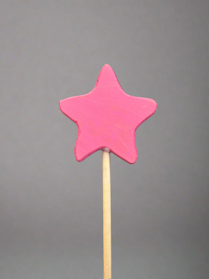 Pink star-shaped colorful wooden magic wand toy with natural wooden handle