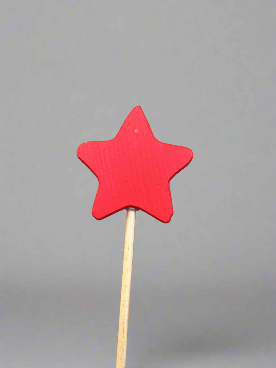 Colorful wooden magic wand toy with a red star top on a natural wood stick