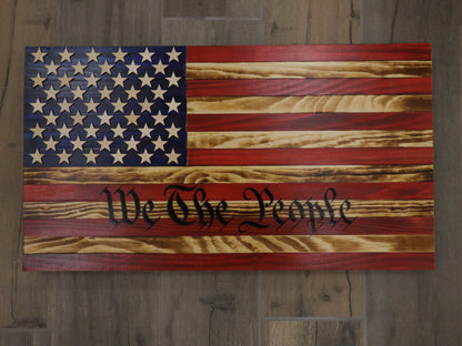 We the People Wooden Flag Wall Art with American flag design and carved stars and stripes