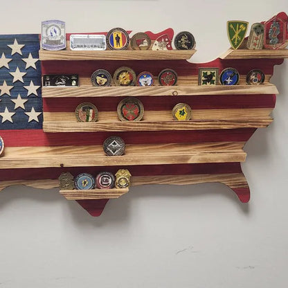 Wooden USA map coin holder with shelves displaying various challenge coins in patriotic red white and blue design