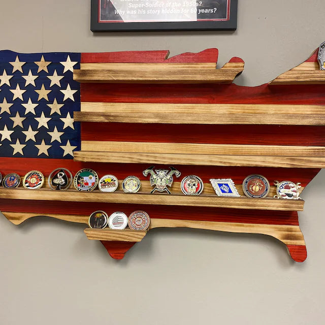 Wooden USA map coin holder with American flag design and multiple coin slots displaying challenge coins