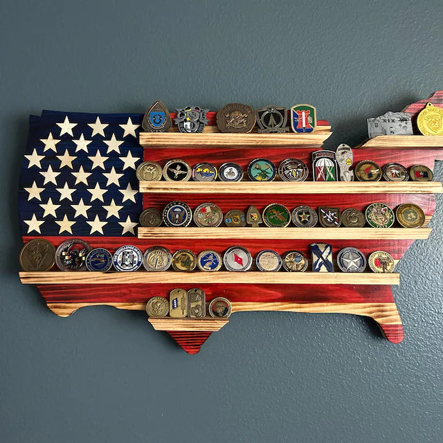 USA map coin holder decorated with military challenge coins in red white and blue flag design